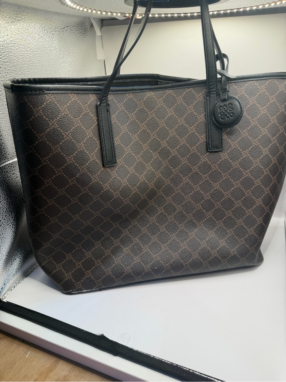 Nine West Brown Monogram Tote Bag Large Shoulder Purse - Picture 5 of 6